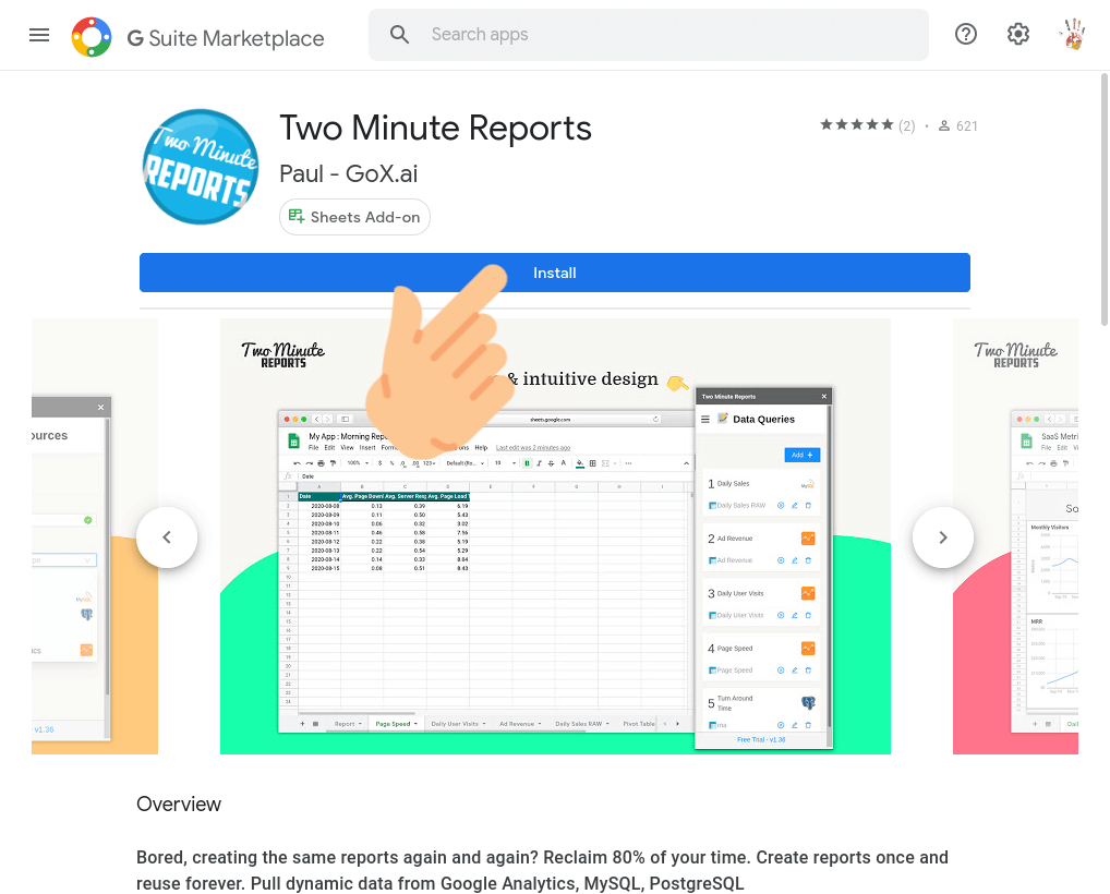 install two minute reports in gsuite marketplace