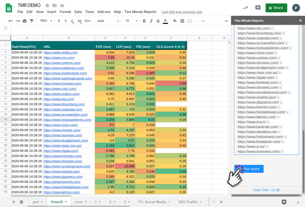 Get Google PageSpeed insights core web vitals in Google SHeets